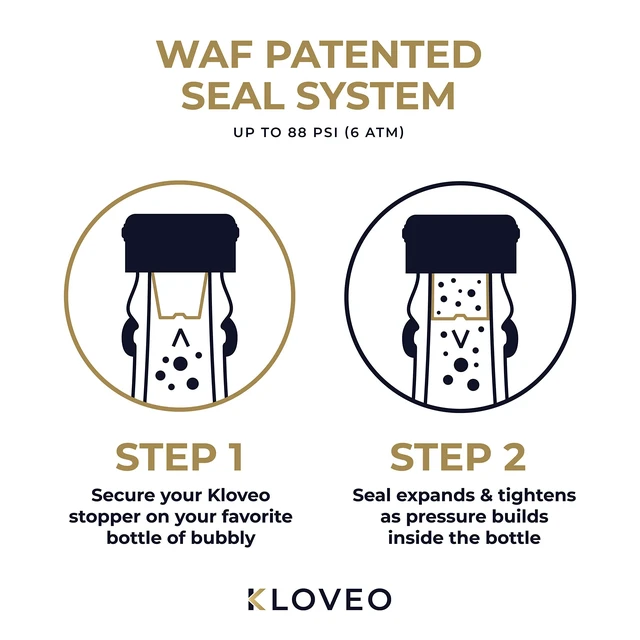 Alt view image 2 of 6 - Champagne Stoppers - WAF Patented Seal - Made in Italy - Black | Fits 750ml Bottles, No Pressure Pump Needed, Keeps Bubbles Fresh 3-5 Days, BPA Free, Easy-Lock Stainless Steel Clip