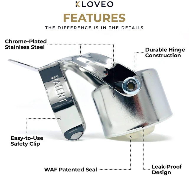 Alt view image 3 of 6 - Champagne Stoppers - WAF Patented Seal - Made in Italy | Fits 750ml Bottles, No Pressure Pump Needed, Keeps Bubbles Fresh 3-5 Days, BPA Free, Easy-Lock Stainless Steel Clip
