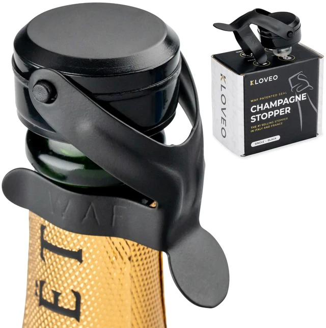 Main image of Champagne Stoppers - WAF Patented Seal - Made in Italy - Black | Fits 750ml Bottles, No Pressure Pump Needed, Keeps Bubbles Fresh 3-5 Days, BPA Free, Easy-Lock Stainless Steel Clip