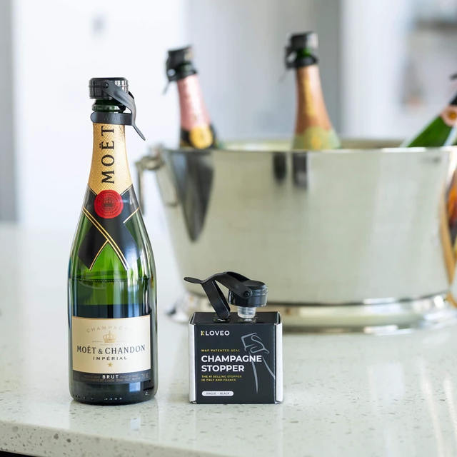 Alt view image 6 of 6 - Champagne Stoppers - WAF Patented Seal - Made in Italy - Black | Fits 750ml Bottles, No Pressure Pump Needed, Keeps Bubbles Fresh 3-5 Days, BPA Free, Easy-Lock Stainless Steel Clip