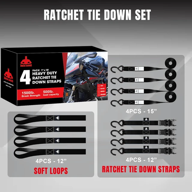 Alt view image 4 of 7 - Ratchet Tie Down Straps Set,1500 lbs Break Strength, 1" x 15' Heavy Duty Ratchet Straps with 4X Soft Loops Padded Handles Coated S Hook, Fits for Moving Appliances Motorcycle ATV Truck,Black