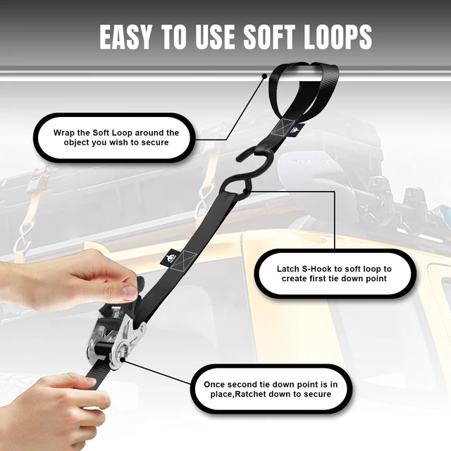 Alt view image 7 of 7 - Ratchet Tie Down Straps Set,1500 lbs Break Strength, 1" x 15' Heavy Duty Ratchet Straps with 4X Soft Loops Padded Handles Coated S Hook, Fits for Moving Appliances Motorcycle ATV Truck,Black