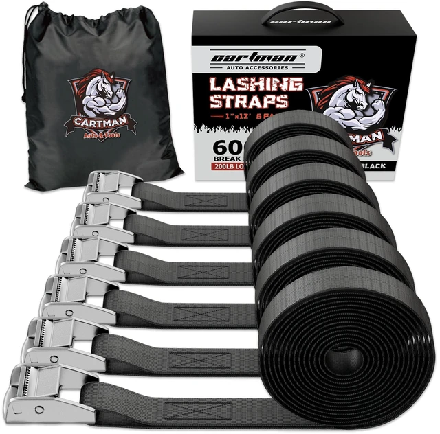 Main image of 1" x 12 ft Lashing Straps, 6 Pack, 600 lb Break Strength, Black | Cam buckles, corrosion-resistant silver finish, and a carry bag for securing gear