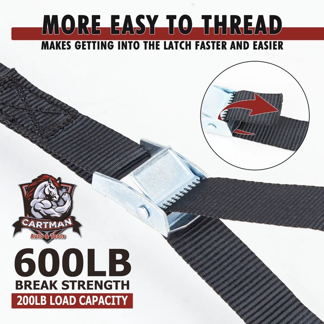Alt view image 3 of 6 - 1" x 12 ft Lashing Straps, 6 Pack, 600 lb Break Strength, Black | Cam buckles, corrosion-resistant silver finish, and a carry bag for securing gear