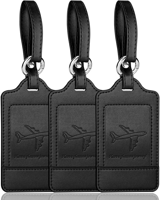 Main image of Leather Luggage Tags for Suitcases, 3 Pack, Black | Quick-Attach Spring Ring, Privacy Flap Design, Includes 6 Info Cards, Durable Leather, Easy to Identify, Travel Essential