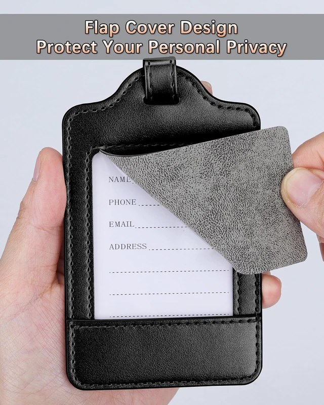 Alt view image 3 of 7 - Leather Luggage Tags for Suitcases, 3 Pack, Black | Quick-Attach Spring Ring, Privacy Flap Design, Includes 6 Info Cards, Durable Leather, Easy to Identify, Travel Essential