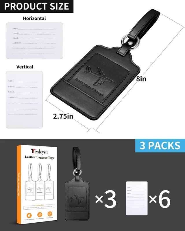 Alt view image 6 of 7 - Leather Luggage Tags for Suitcases, 3 Pack, Black | Quick-Attach Spring Ring, Privacy Flap Design, Includes 6 Info Cards, Durable Leather, Easy to Identify, Travel Essential