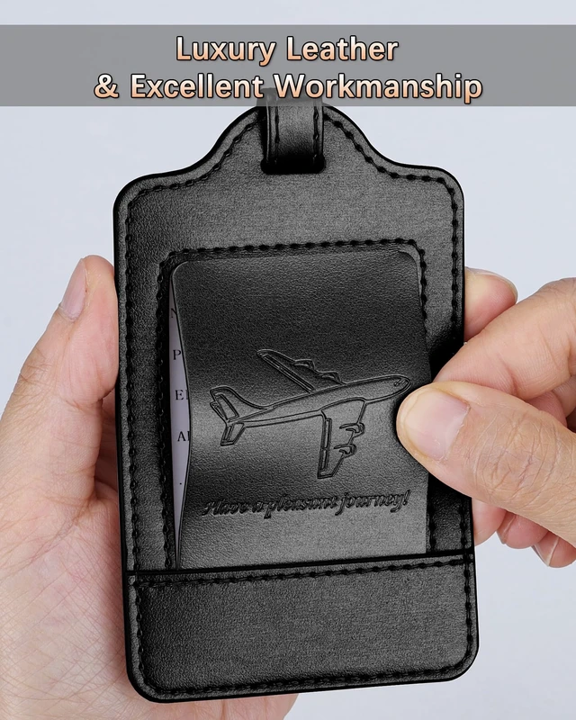 Alt view image 7 of 7 - Leather Luggage Tags for Suitcases, 3 Pack, Black | Quick-Attach Spring Ring, Privacy Flap Design, Includes 6 Info Cards, Durable Leather, Easy to Identify, Travel Essential