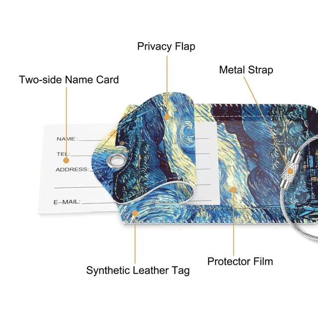 Alt view image 4 of 7 - Luggage Tags Privacy Cover ID Label for Travel Bag Suitcase | with Stainless Steel Loop and Address Card, Starry Night, Starry Night