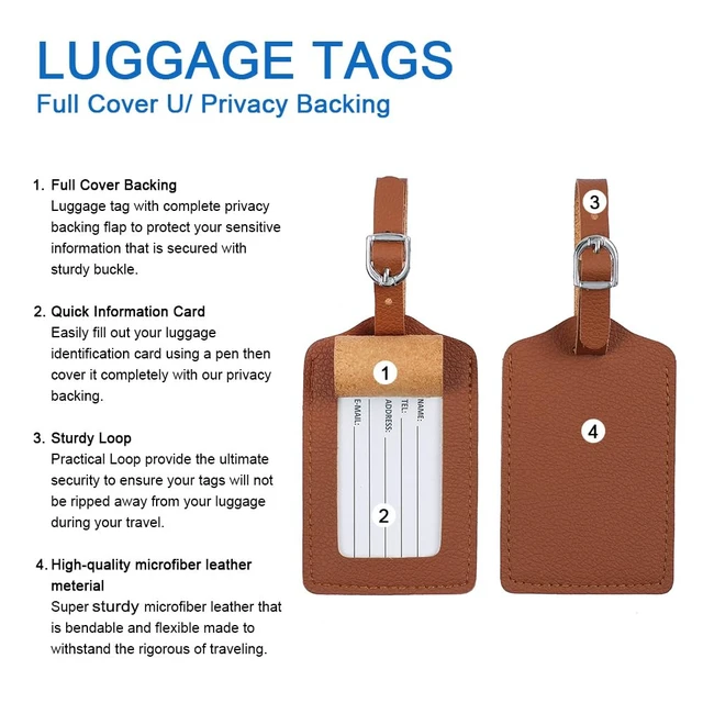 Alt view image 5 of 6 - Luggage Tags, Leather Personalized Suitcase Tag Set of 4 Pack | TSA Approved Luggage ID Tags, Privacy Protection Labels for Men Women, Bag Name Tag Travel Essential Accessories