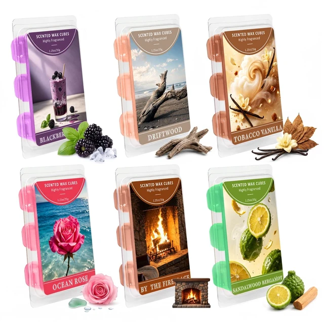 Main image of Wax Melts, 6 Fall & Winter Scented Wax Cubes for Wax Warmer | Gift Set for Home Fragrance-Blackberry Basil, Driftwood, Ocean Rose, Fireplace, Sandalwood Bergamot, Tobacco & Vanilla Scent
