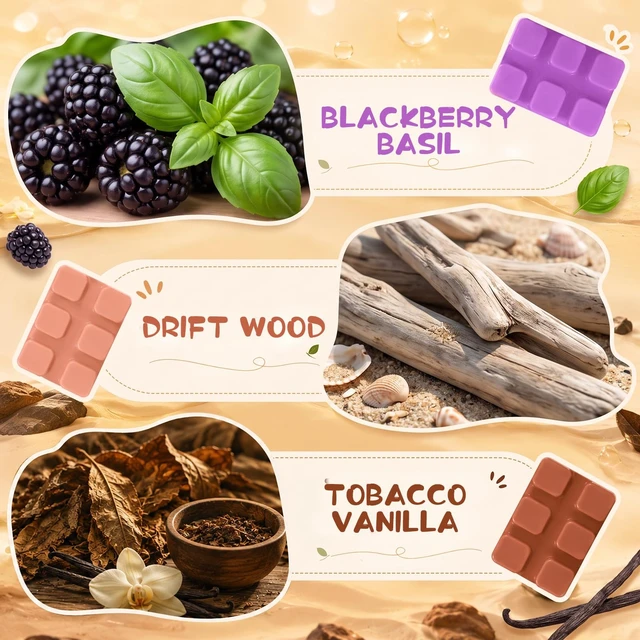 Alt view image 2 of 7 - Wax Melts, 6 Fall & Winter Scented Wax Cubes for Wax Warmer | Gift Set for Home Fragrance-Blackberry Basil, Driftwood, Ocean Rose, Fireplace, Sandalwood Bergamot, Tobacco & Vanilla Scent