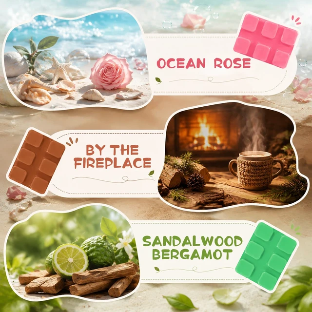 Alt view image 3 of 7 - Wax Melts, 6 Fall & Winter Scented Wax Cubes for Wax Warmer | Gift Set for Home Fragrance-Blackberry Basil, Driftwood, Ocean Rose, Fireplace, Sandalwood Bergamot, Tobacco & Vanilla Scent