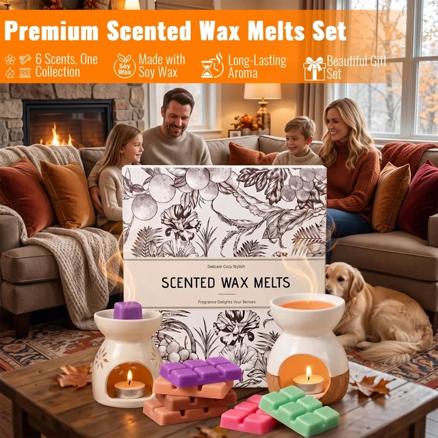 Alt view image 6 of 7 - Wax Melts, 6 Fall & Winter Scented Wax Cubes for Wax Warmer | Gift Set for Home Fragrance-Blackberry Basil, Driftwood, Ocean Rose, Fireplace, Sandalwood Bergamot, Tobacco & Vanilla Scent