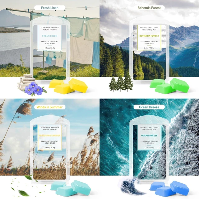 Alt view image 2 of 7 - Scented Wax Melts Soy Wax Cubes Long Lasting Scent for Home, 4 Packs | Ocean Breeze, Summer Wind, Fresh Linen, Bohemia Forest for Wax Warmer