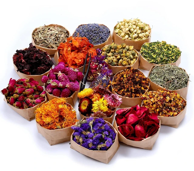 Main image of 16 Bags Dried Flowers,100% Natural Dried Flowers Herbs Kit for Soap Making, DIY Candle Making,Bath - Include Rose Petals,Lavender,Don't Forget Me,Lilium,Jasmine,Rosebudsand More