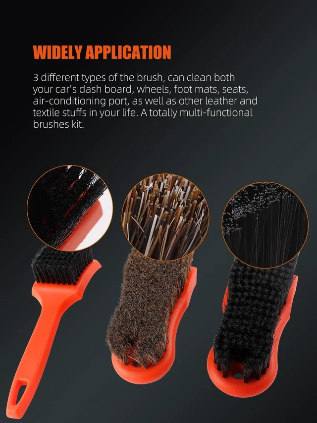 Alt view image 4 of 7 - 3Pcs Car Detailing Brush Kit, Leather & Textile Interior Brush, Comfortable Grip and Scratch-Free Cleaning for Dashboard, Wheels, Seats, Foot Mats and Small Areas, Black
