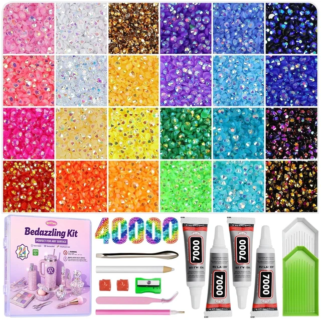 Main image of 40000Pcs Resin Jelly Rhinestones for Bedazzling Kit | 24 Colors, 3mm Multicolor Flatback Rhinestones, 4Pcs Glue and Tools, Bedazzler Kit for Clothes, Books, Shoes, Nail & Crafting