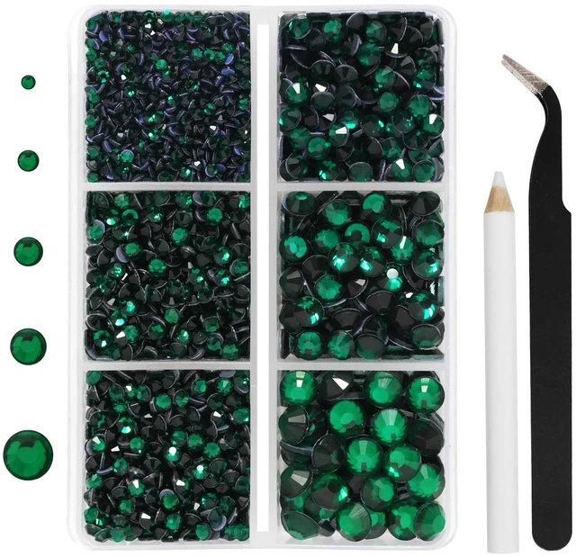 Main image of Hotfix Rhinestones, Emerald, 3960pcs Mixed 5 Sizes, SS6-SS30 | Hot Fix Crystals, for Clothes Nails, with Tweezers and Wax Pencil Kit, Green