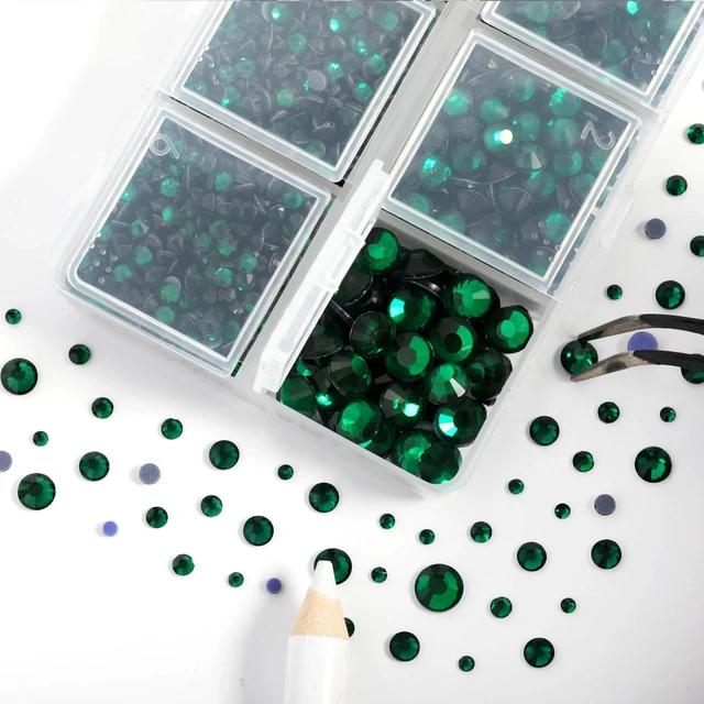 Alt view image 3 of 4 - Hotfix Rhinestones, Emerald, 3960pcs Mixed 5 Sizes, SS6-SS30 | Hot Fix Crystals, for Clothes Nails, with Tweezers and Wax Pencil Kit, Green
