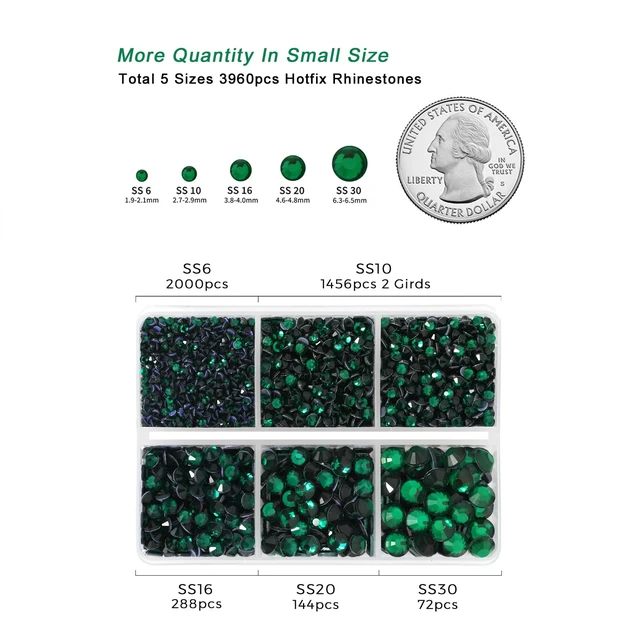 Alt view image 4 of 4 - Hotfix Rhinestones, Emerald, 3960pcs Mixed 5 Sizes, SS6-SS30 | Hot Fix Crystals, for Clothes Nails, with Tweezers and Wax Pencil Kit, Green