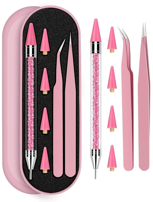 Main image of Rhinestone Picker Tool Set,Rhinestone Applicator Tool,Rhinestone Picker Dotting With 4 Extra Pink Replaceable Wax Head and 2 Tweezer (Pink A)