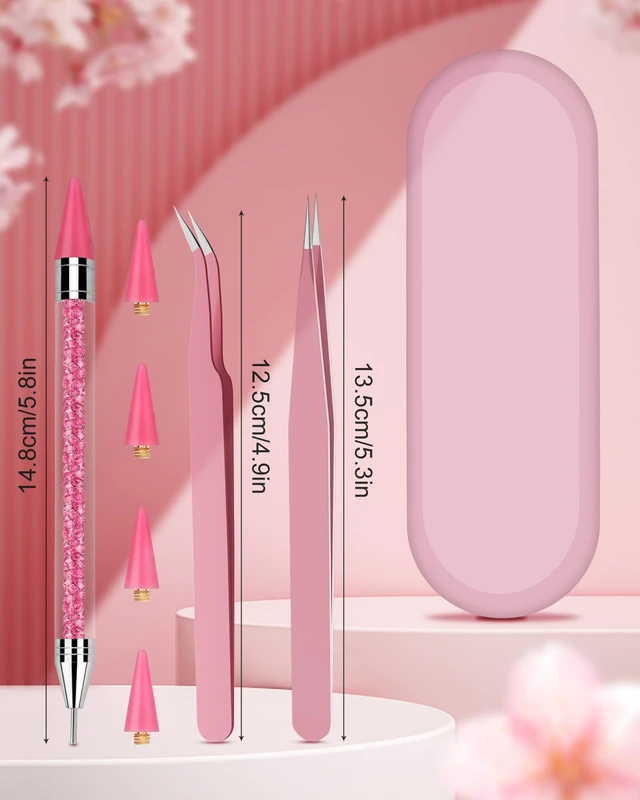 Alt view image 7 of 7 - Rhinestone Picker Tool Set,Rhinestone Applicator Tool,Rhinestone Picker Dotting With 4 Extra Pink Replaceable Wax Head and 2 Tweezer (Pink A)