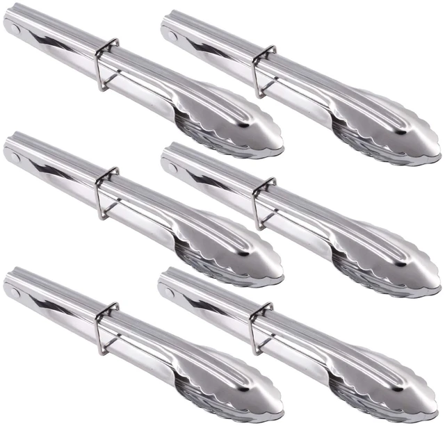 Main image of Mini Stainless Steel Food Tongs with Silding Rings 7-Inch, Set of 6 | Small Clam Shell Service Tongs for Serving Appetizers, Desserts, Salads, Barbecue and Cooking (Silver)
