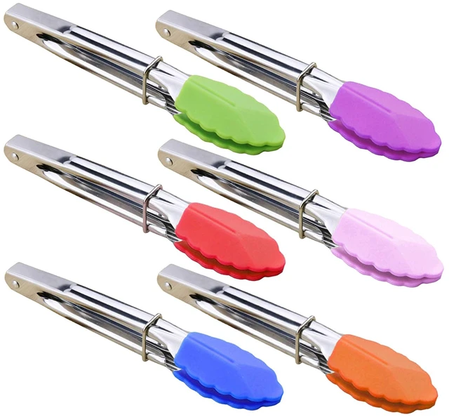 Main image of Small Tongs with Silicone Tips 7-Inch Mini Serving Tongs, Set of 6 | Green Red Blue Purple Pink Orange