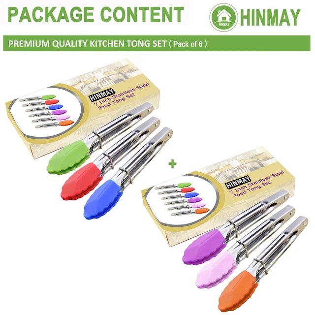 Alt view image 2 of 7 - Small Tongs with Silicone Tips 7-Inch Mini Serving Tongs, Set of 6 | Green Red Blue Purple Pink Orange