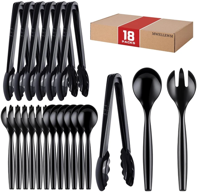 Main image of Plastic Serving Utensils Set, Disposable Tongs Spoons for Buffet | 10Inch Heavy Duty, BPA free,18Pc Party Catering Supplies Buffet Display Utensils for Restaurant, Wedding, Banquet, Food,Black