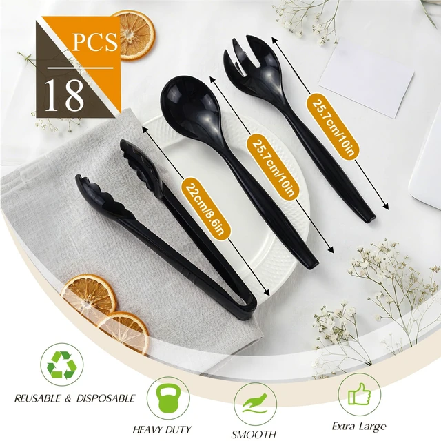 Alt view image 2 of 7 - Plastic Serving Utensils Set, Disposable Tongs Spoons for Buffet | 10Inch Heavy Duty, BPA free,18Pc Party Catering Supplies Buffet Display Utensils for Restaurant, Wedding, Banquet, Food,Black
