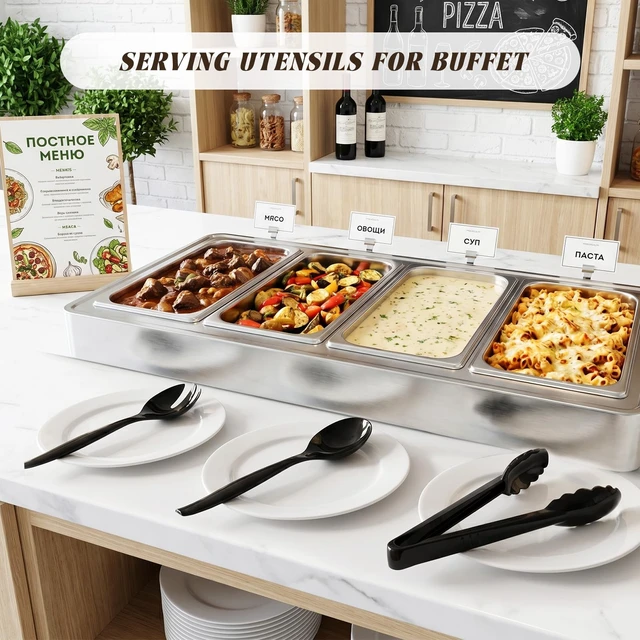 Alt view image 5 of 7 - Plastic Serving Utensils Set, Disposable Tongs Spoons for Buffet | 10Inch Heavy Duty, BPA free,18Pc Party Catering Supplies Buffet Display Utensils for Restaurant, Wedding, Banquet, Food,Black