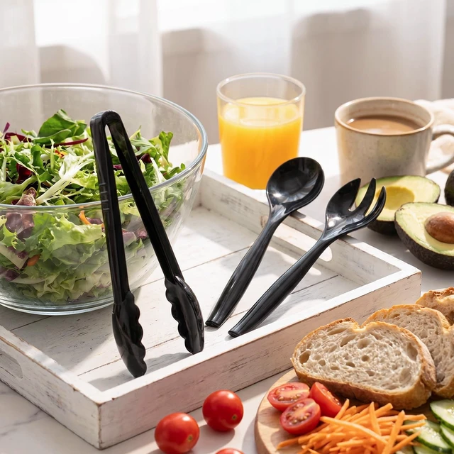 Alt view image 6 of 7 - Plastic Serving Utensils Set, Disposable Tongs Spoons for Buffet | 10Inch Heavy Duty, BPA free,18Pc Party Catering Supplies Buffet Display Utensils for Restaurant, Wedding, Banquet, Food,Black