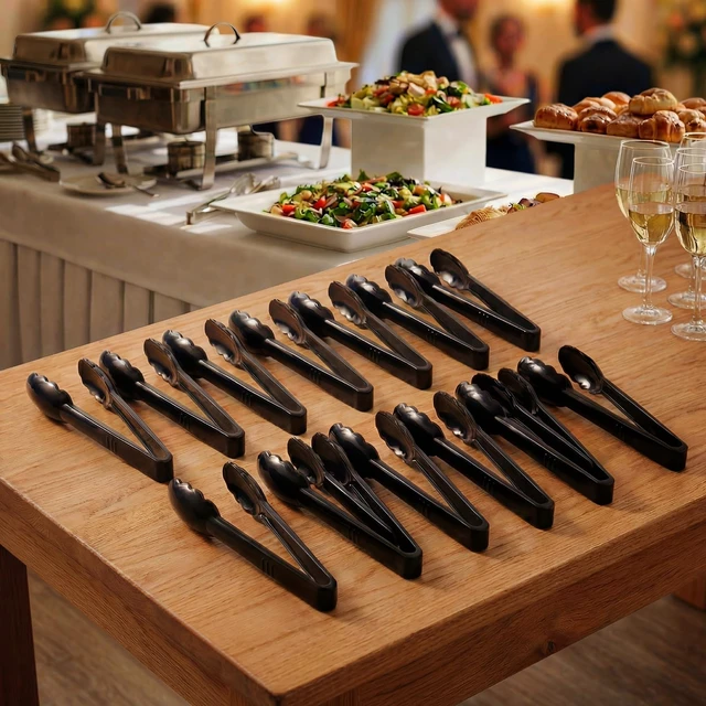Alt view image 5 of 7 - 24 Pack Plastic Serving Tongs, 9 Inch Black Heavy Duty Buffet Tongs | Disposable & Reusable, Scalloped Tips, Heavy Duty, For BBQ, Catering, Buffet, Parties, Bulk Food Service
