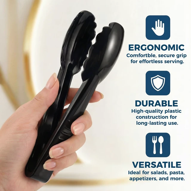 Alt view image 3 of 7 - 24 Pack Plastic Serving Tongs, 9 Inch Black Heavy Duty Buffet Tongs | Disposable & Reusable, Scalloped Tips, Heavy Duty, For BBQ, Catering, Buffet, Parties, Bulk Food Service