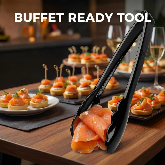 Alt view image 6 of 7 - 24 Pack Plastic Serving Tongs, 9 Inch Black Heavy Duty Buffet Tongs | Disposable & Reusable, Scalloped Tips, Heavy Duty, For BBQ, Catering, Buffet, Parties, Bulk Food Service