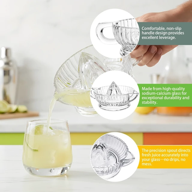 Alt view image 4 of 7 - Glass Lemon Squeezer Citrus Juicer Reamer | for Lime, Lemon, Small Orange, With Handle & Pour Spout, Dishwasher Safe for Fresh Juice, Cocktails & Cooking
