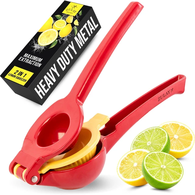 Main image of Metal 2-in-1 Lemon Squeezer - Sturdy Max Extraction Hand Juicer Lemon Squeezer Gets Every Last Drop - Easy to Clean Manual Citrus Juicer - Easy-Use Lemon Juicer Squeezer - Red/Yellow