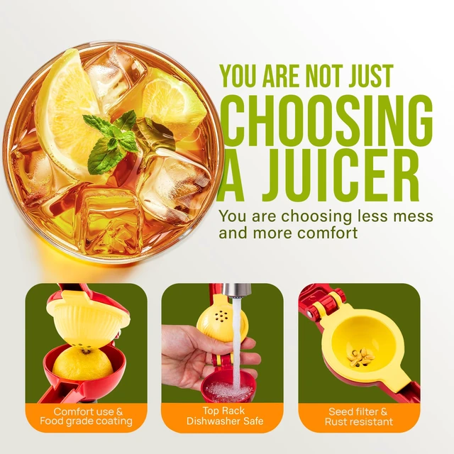 Alt view image 4 of 7 - Metal 2-in-1 Lemon Squeezer - Sturdy Max Extraction Hand Juicer Lemon Squeezer Gets Every Last Drop - Easy to Clean Manual Citrus Juicer - Easy-Use Lemon Juicer Squeezer - Red/Yellow