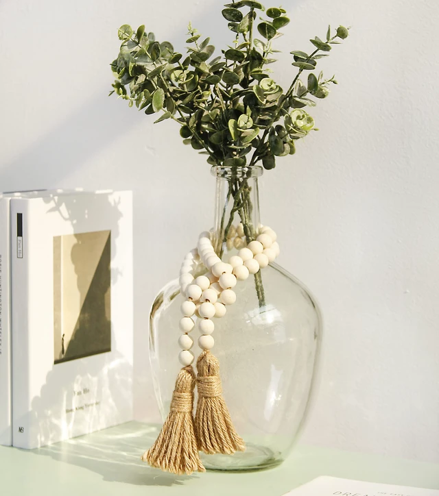 Alt view image 2 of 7 - 39in Wood Bead Garland, Farmhouse Beads with Tassels, Natural | Boho Wall Hanging Home Decor, Handmade Natural Wooden Beads, Decorative Beads for Shelf, Tray, Mantel, Festival