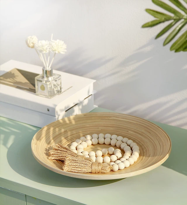 Alt view image 3 of 7 - 39in Wood Bead Garland, Farmhouse Beads with Tassels, Natural | Boho Wall Hanging Home Decor, Handmade Natural Wooden Beads, Decorative Beads for Shelf, Tray, Mantel, Festival