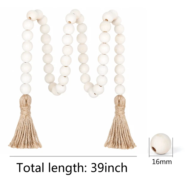 Alt view image 6 of 7 - 39in Wood Bead Garland, Farmhouse Beads with Tassels, Natural | Boho Wall Hanging Home Decor, Handmade Natural Wooden Beads, Decorative Beads for Shelf, Tray, Mantel, Festival