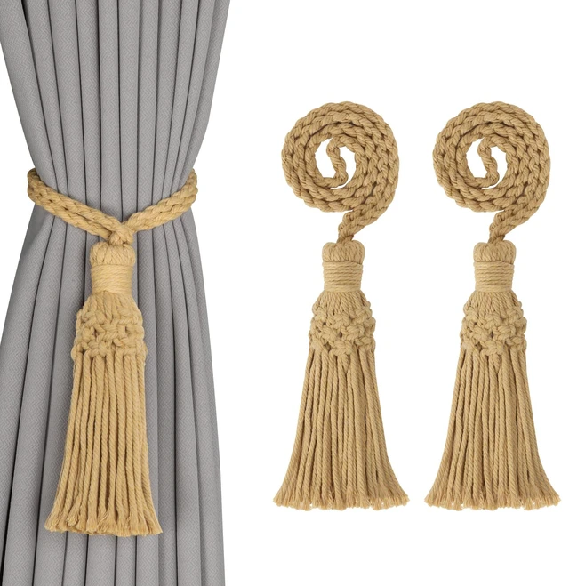 Main image of 2 Pack Boho Decorative Curtain Tiebacks Hand-Woven Cotton No Drill Curtain Holdbacks with Tassel, Curtain Rope & Tassel Tie Backs for Drapes Natural Style (2, Khaki)