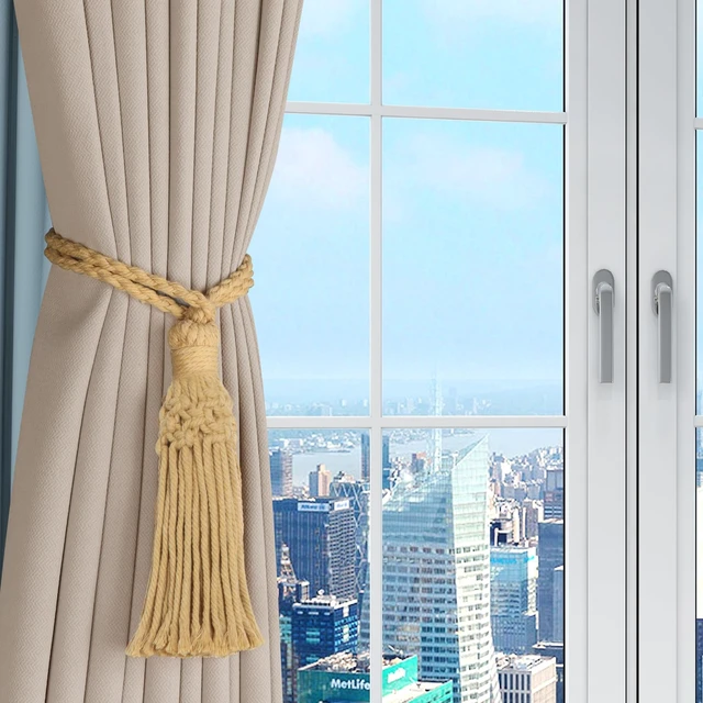 Alt view image 2 of 7 - 2 Pack Boho Decorative Curtain Tiebacks Hand-Woven Cotton No Drill Curtain Holdbacks with Tassel, Curtain Rope & Tassel Tie Backs for Drapes Natural Style (2, Khaki)