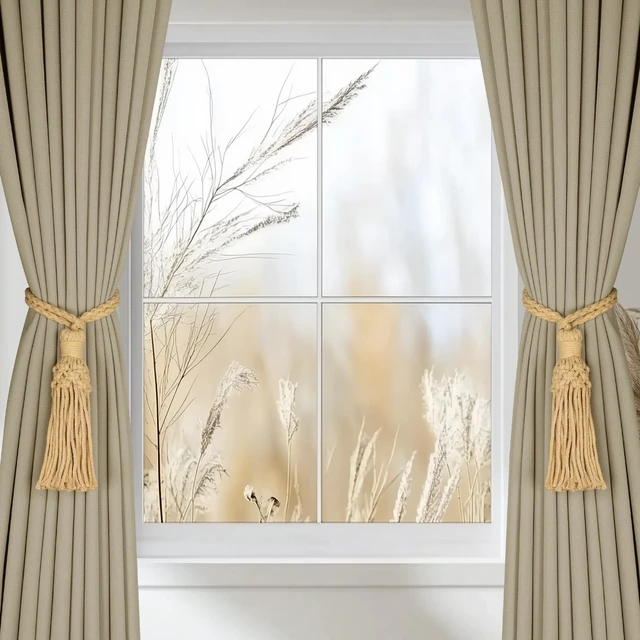 Alt view image 3 of 7 - 2 Pack Boho Decorative Curtain Tiebacks Hand-Woven Cotton No Drill Curtain Holdbacks with Tassel, Curtain Rope & Tassel Tie Backs for Drapes Natural Style (2, Khaki)