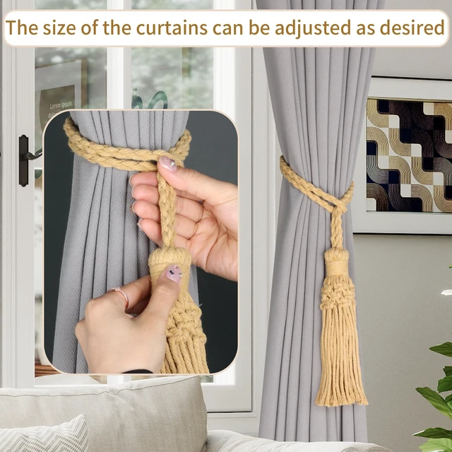 Alt view image 4 of 7 - 2 Pack Boho Decorative Curtain Tiebacks Hand-Woven Cotton No Drill Curtain Holdbacks with Tassel, Curtain Rope & Tassel Tie Backs for Drapes Natural Style (2, Khaki)