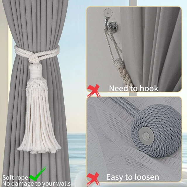 Alt view image 7 of 7 - 2 Pack Boho Decorative Curtain Tiebacks Hand-Woven Cotton No Drill Curtain Holdbacks with Tassel, Curtain Rope & Tassel Tie Backs for Drapes Natural Style (2, Khaki)