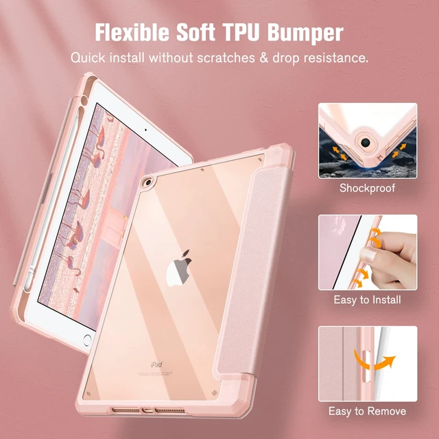 Alt view image 5 of 7 - Clear Case for iPad 6th /5th Generation 9.7-inch, iPad Air 2 / Air 1 | Hybrid Slim Design, Shockproof Cover with Transparent Back Shell, Viewing & Typing Angles, Pencil Holder, Rose Gold
