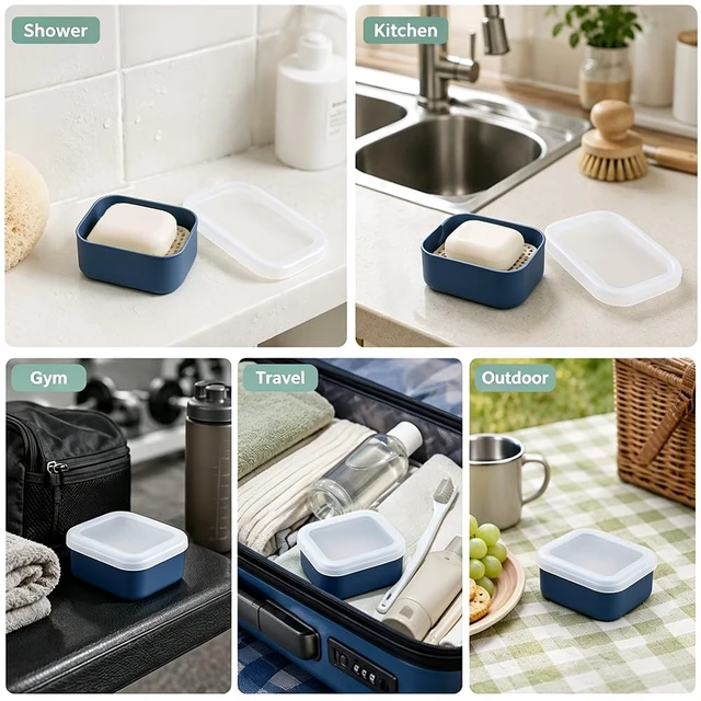 Alt view image 7 of 7 - Leakproof Silicone Travel Soap Case, Compact Travel Bar Soap Container Holder for Traveling, Small Soap Holders Box with Draining Layer for Camping Gym Bathroom Toiletries Travels Essentials, Blue